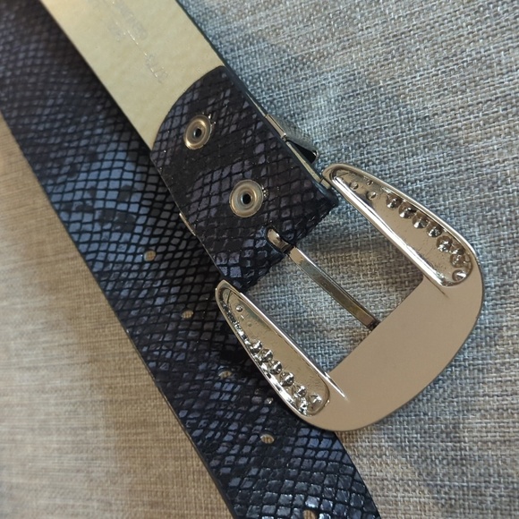 Rhinestone Buckle Snakeskin Print Genuine Leather Belt L/XL 40" Black - Picture 8 of 14